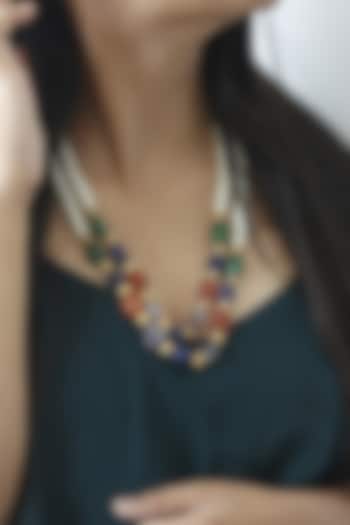 Gold Finish Multi-Colored Natural Stone Layered Necklace by Do Taara