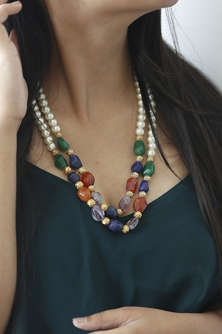 Gold Finish Multi-Colored Natural Stone Layered Necklace by Do Taara at Pernia's Pop Up Shop