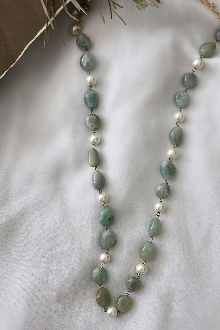 Gold Finish Mint Green Pearl & Natural Stone Necklace by Do Taara
