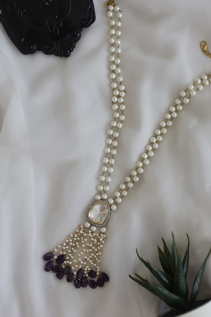Gold Finish Purple Amethyst Stone & Pearl Necklace by Do Taara