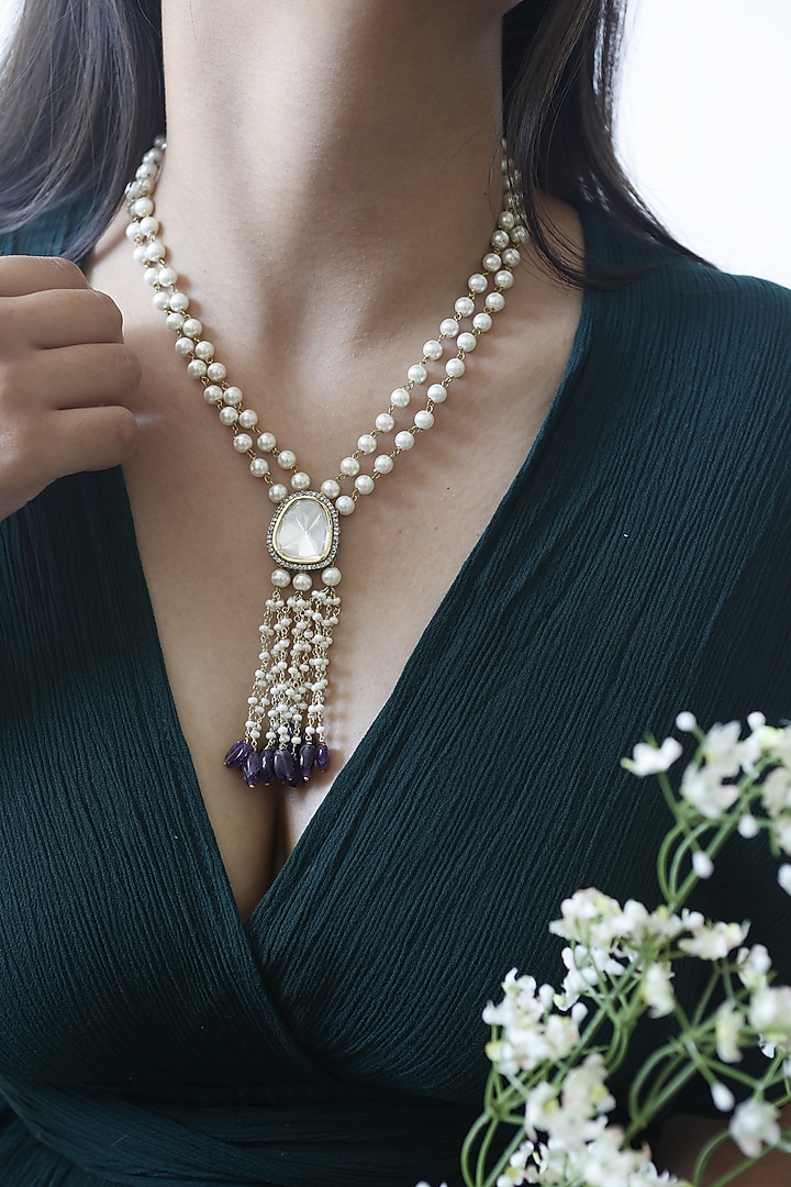 Gold Finish Purple Amethyst Stone & Pearl Necklace by Do Taara at Pernia's Pop Up Shop