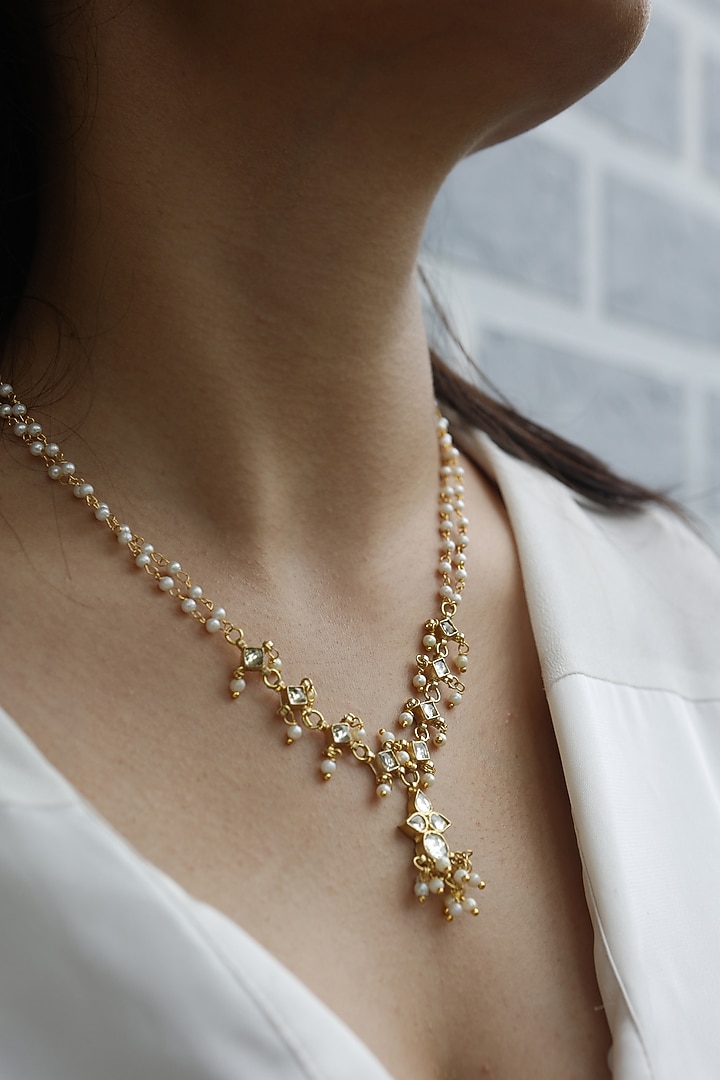 Gold Plated Floral Kundan & Pearl Pendant Necklace by Do Taara at Pernia's Pop Up Shop