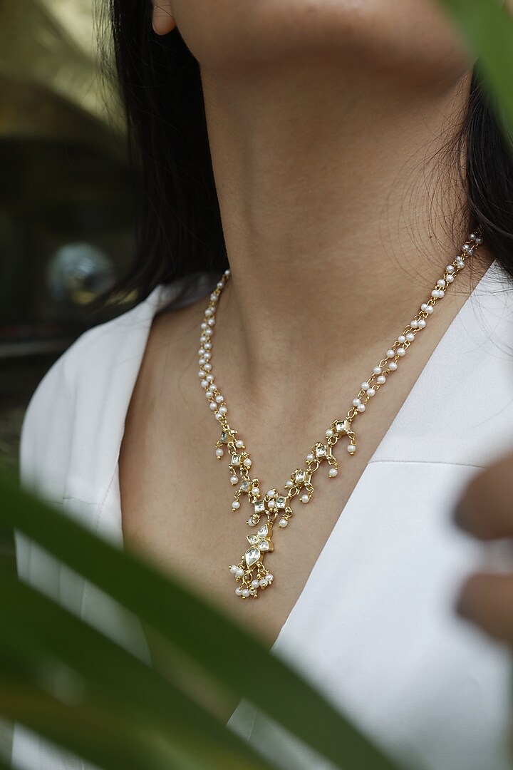Gold Plated Floral Kundan & Pearl Pendant Necklace by Do Taara at Pernia's Pop Up Shop