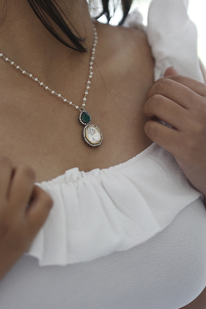 White Rhodium Finish Polki & Zirconia Pendant Necklace by Do Taara at Pernia's Pop Up Shop