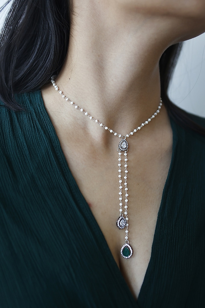 White Rhodium Finish Polki & Cubic Zirconia Necklace by Do Taara at Pernia's Pop Up Shop