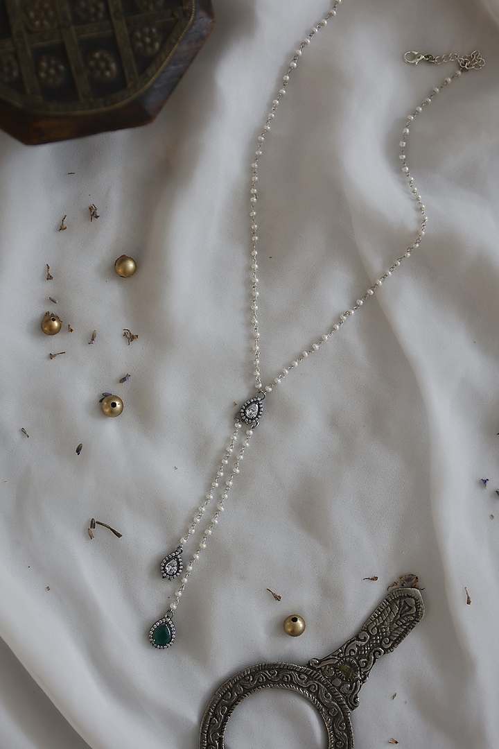 White Rhodium Finish Polki & Cubic Zirconia Necklace by Do Taara at Pernia's Pop Up Shop