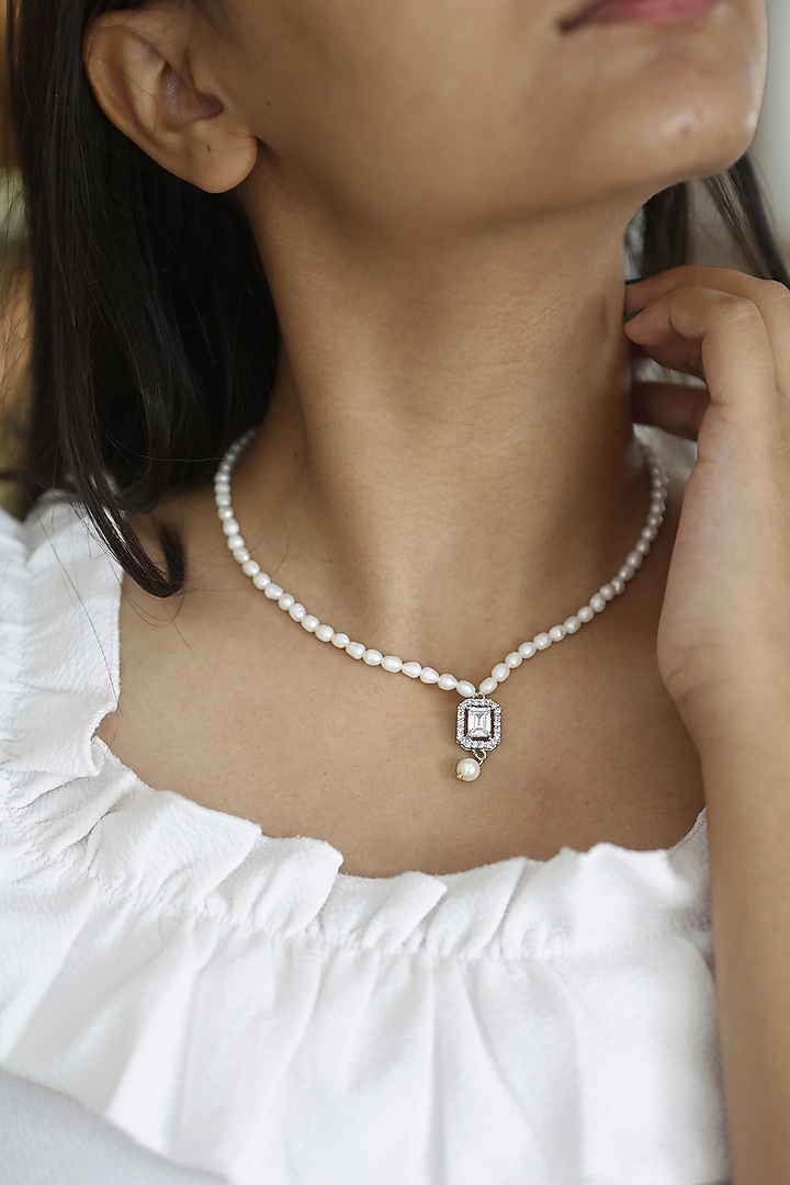 White Rhodium Finish Polki & Faux Diamond Necklace by Do Taara at Pernia's Pop Up Shop