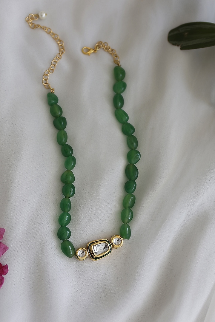 Gold Finish Green Kundan & Natural Stone Choker Necklace by Do Taara