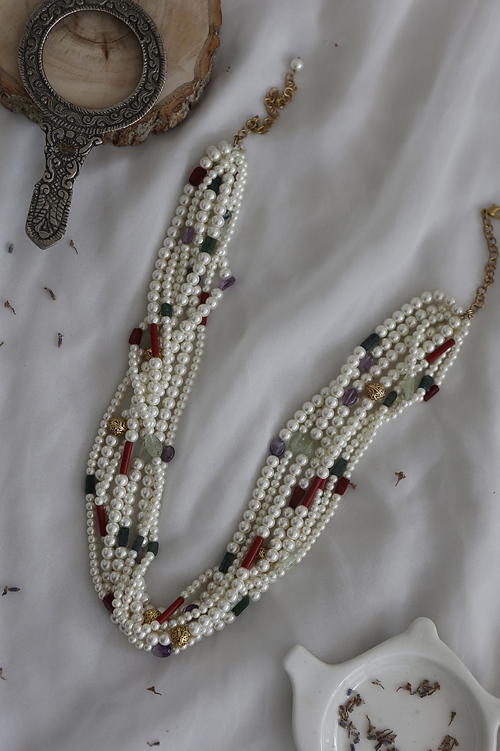Gold Finish Multi-Colored Natural Stone Layered Necklace by Do Taara at Pernia's Pop Up Shop