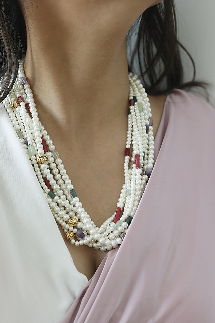 Gold Finish Multi-Colored Natural Stone Layered Necklace by Do Taara at Pernia's Pop Up Shop