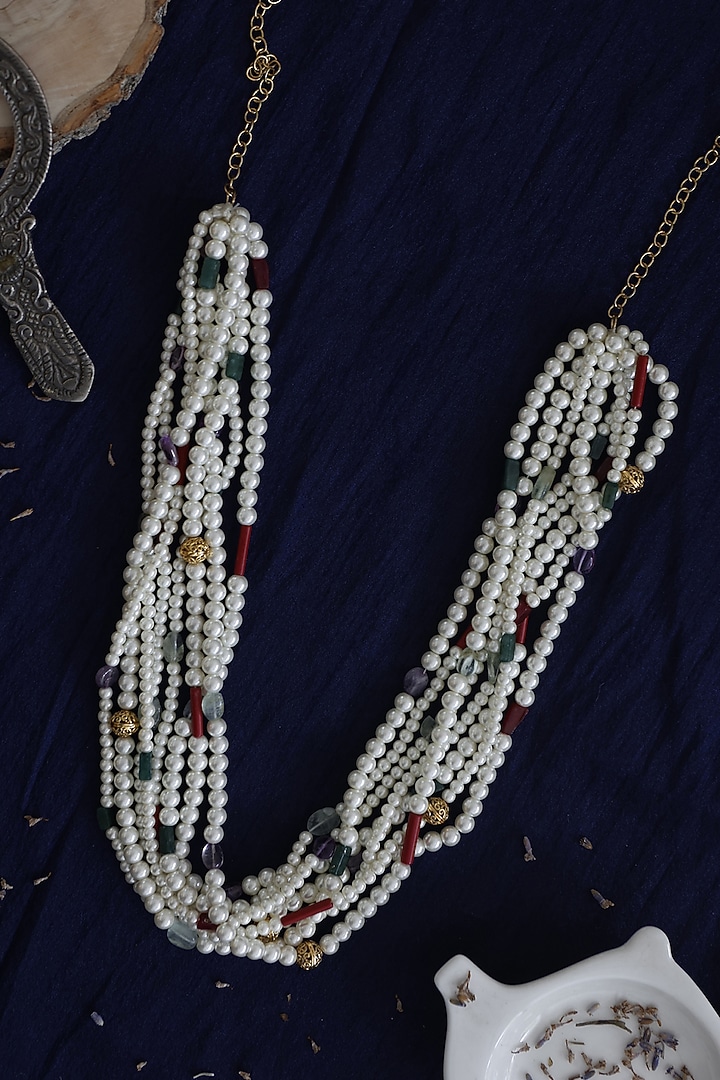 Gold Finish Multi-Colored Natural Stone Layered Necklace by Do Taara at Pernia's Pop Up Shop