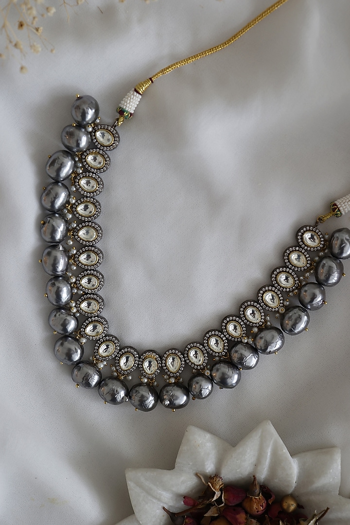 White Rhodium Finish Polki & Zirconia Victorian Necklace by Do Taara at Pernia's Pop Up Shop