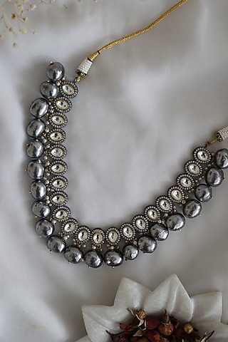 White Rhodium Finish Polki & Zirconia Victorian Necklace by Do Taara