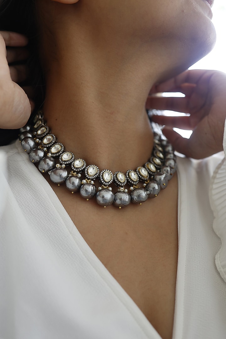 White Rhodium Finish Polki & Zirconia Victorian Necklace by Do Taara at Pernia's Pop Up Shop