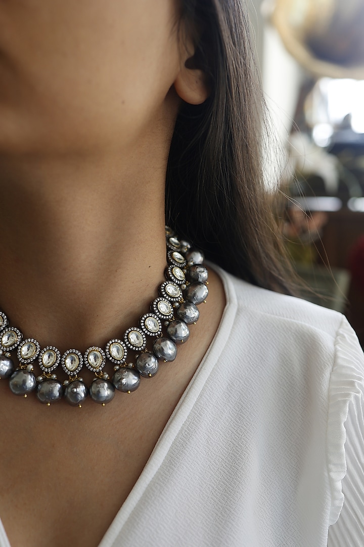 White Rhodium Finish Polki & Zirconia Victorian Necklace by Do Taara at Pernia's Pop Up Shop