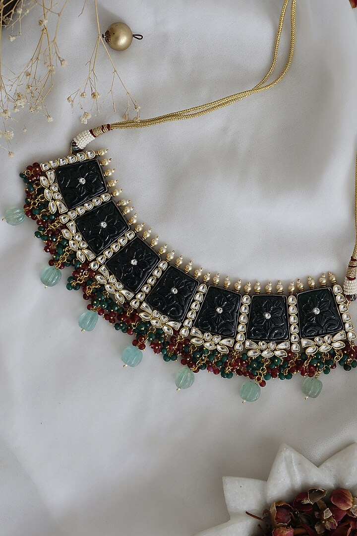 Gold Plated Multi-Colored Natural Stone & Kundan Necklace by Do Taara at Pernia's Pop Up Shop