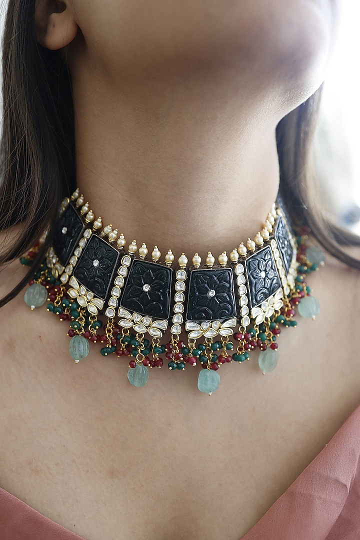 Gold Plated Multi-Colored Natural Stone & Kundan Necklace by Do Taara at Pernia's Pop Up Shop