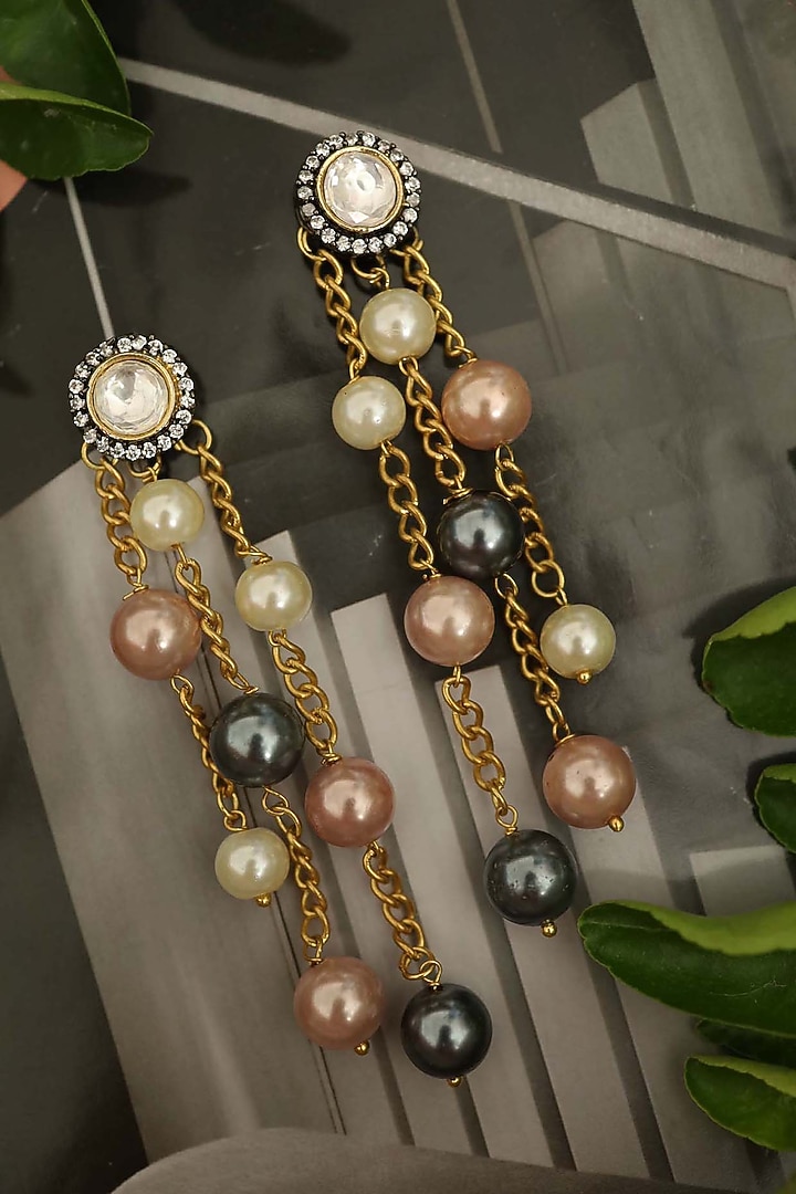 Gold Finish Turquoise Stone & Polki Pearl Dangler Earrings by Do Taara at Pernia's Pop Up Shop