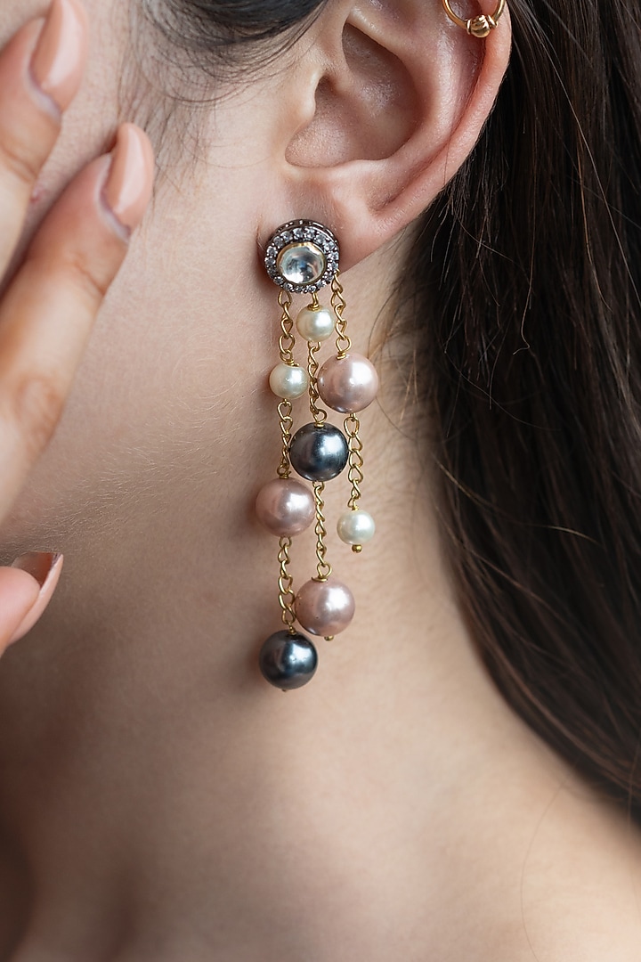 Gold Finish Turquoise Stone & Polki Pearl Dangler Earrings by Do Taara at Pernia's Pop Up Shop