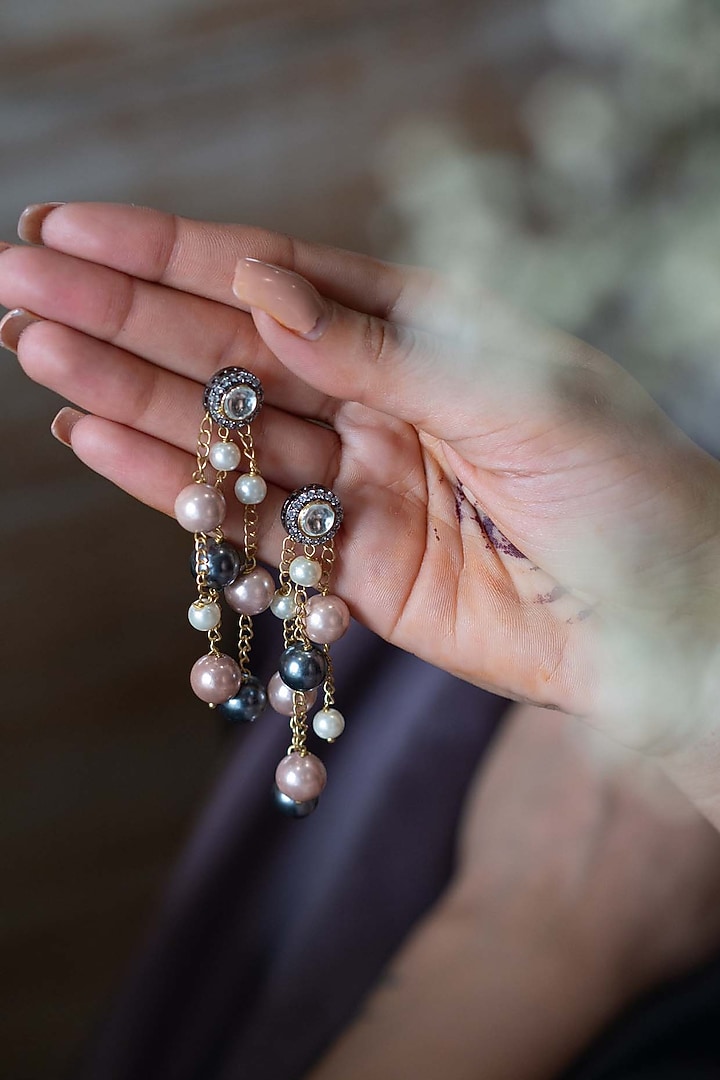 Gold Finish Turquoise Stone & Polki Pearl Dangler Earrings by Do Taara at Pernia's Pop Up Shop