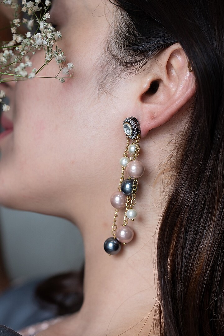 Gold Finish Turquoise Stone & Polki Pearl Dangler Earrings by Do Taara at Pernia's Pop Up Shop