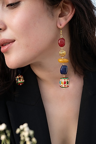 Gold Finish Kundan Polki & Navratna Stone Dangler Earrings by Do Taara