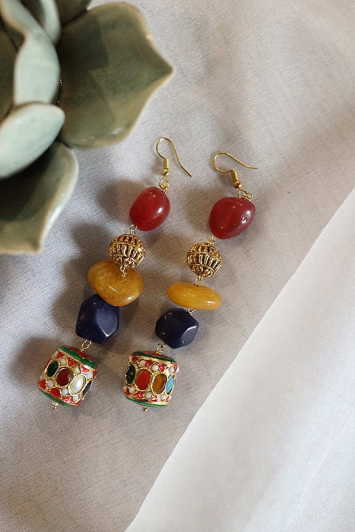 Gold Finish Kundan Polki & Navratna Stone Dangler Earrings by Do Taara at Pernia's Pop Up Shop