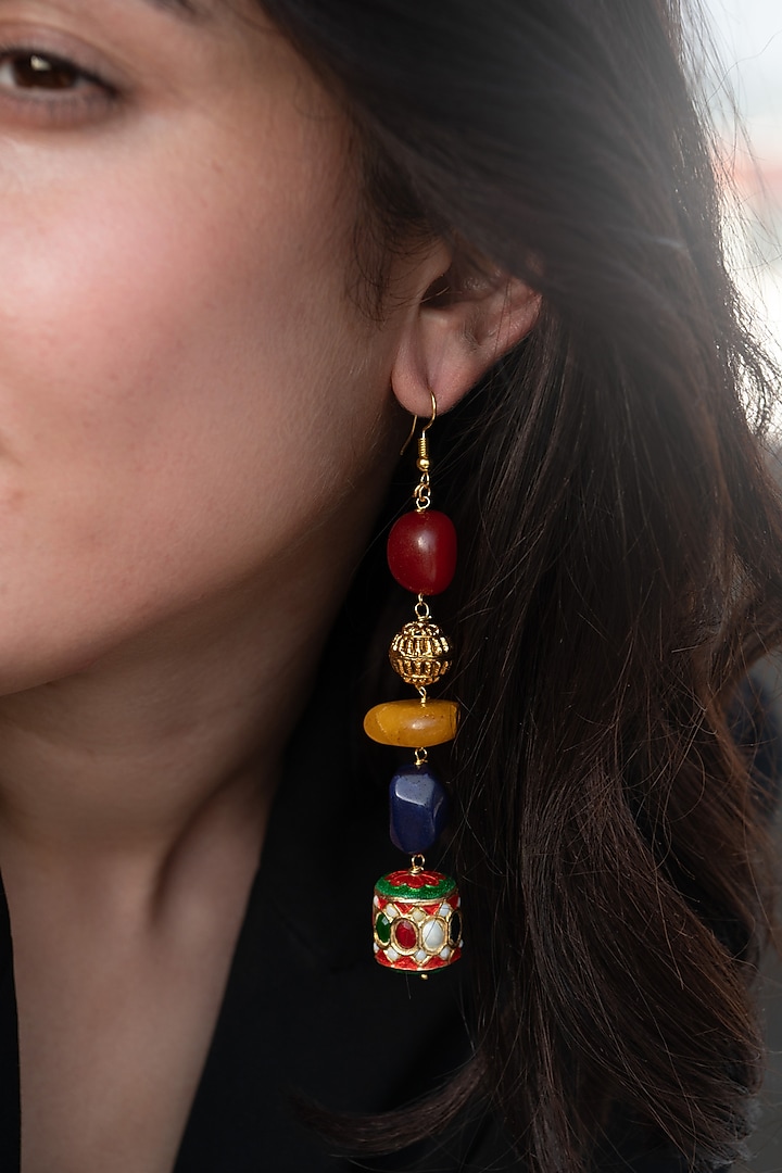 Gold Finish Kundan Polki & Navratna Stone Dangler Earrings by Do Taara at Pernia's Pop Up Shop