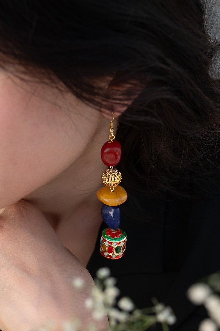 Gold Finish Kundan Polki & Navratna Stone Dangler Earrings by Do Taara at Pernia's Pop Up Shop