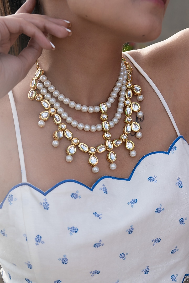 Gold Finish Kundan Polki & Pearl Layered Necklace by Do Taara at Pernia's Pop Up Shop