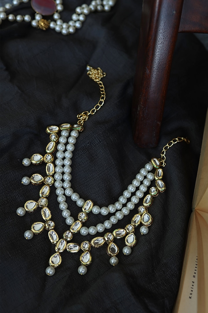 Gold Finish Kundan Polki & Pearl Layered Necklace by Do Taara at Pernia's Pop Up Shop