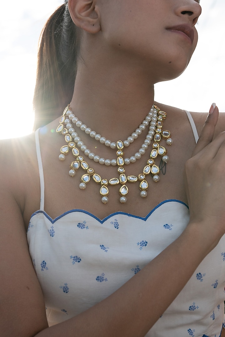 Gold Finish Kundan Polki & Pearl Layered Necklace by Do Taara at Pernia's Pop Up Shop