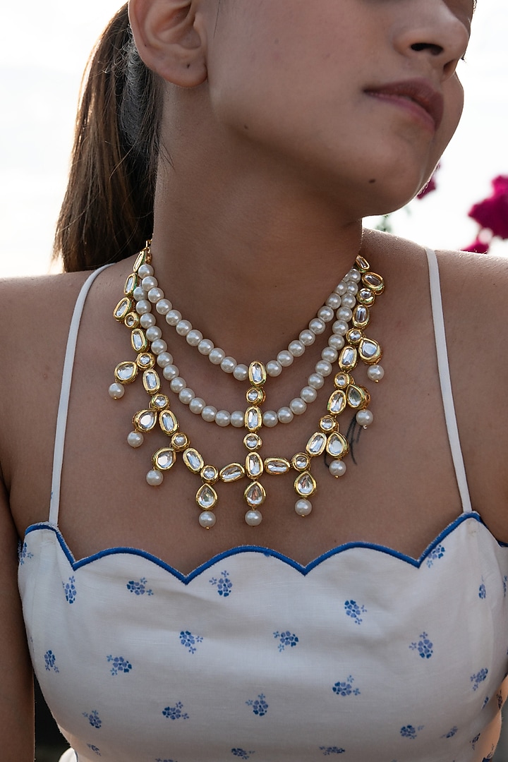 Gold Finish Kundan Polki & Pearl Layered Necklace by Do Taara at Pernia's Pop Up Shop