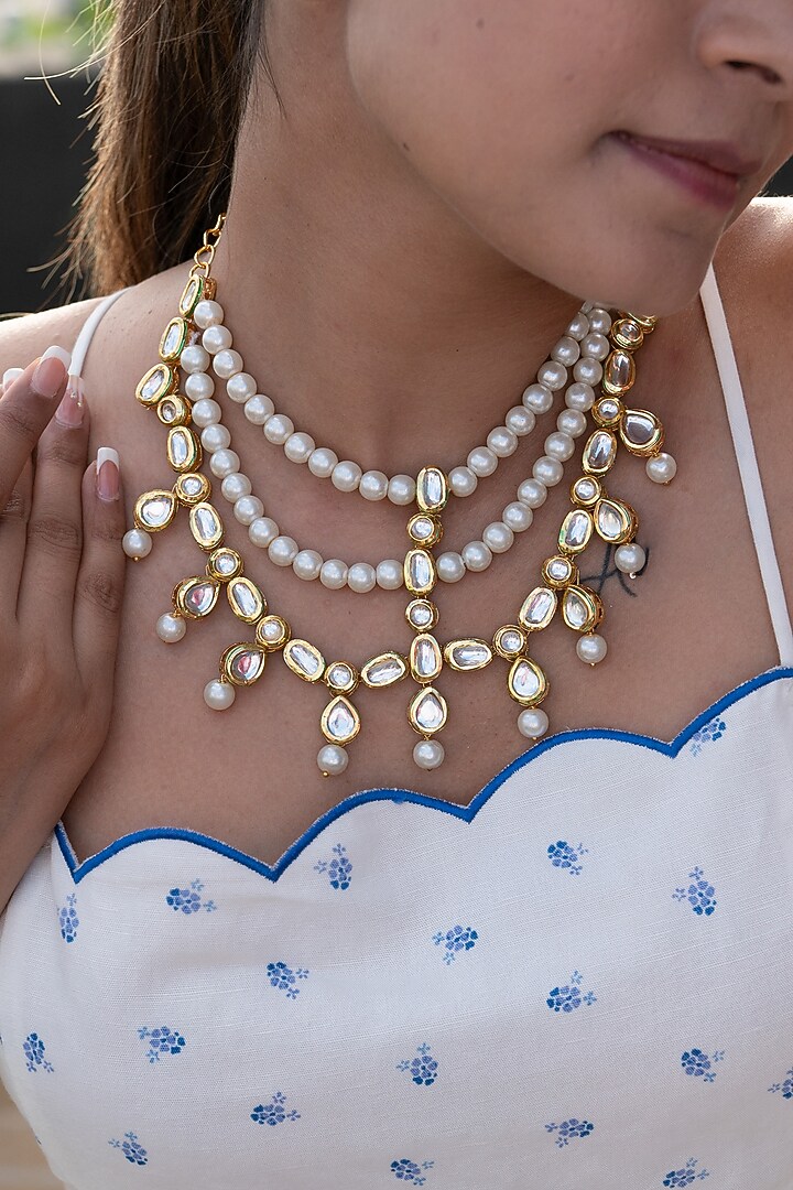 Gold Finish Kundan Polki & Pearl Layered Necklace by Do Taara at Pernia's Pop Up Shop
