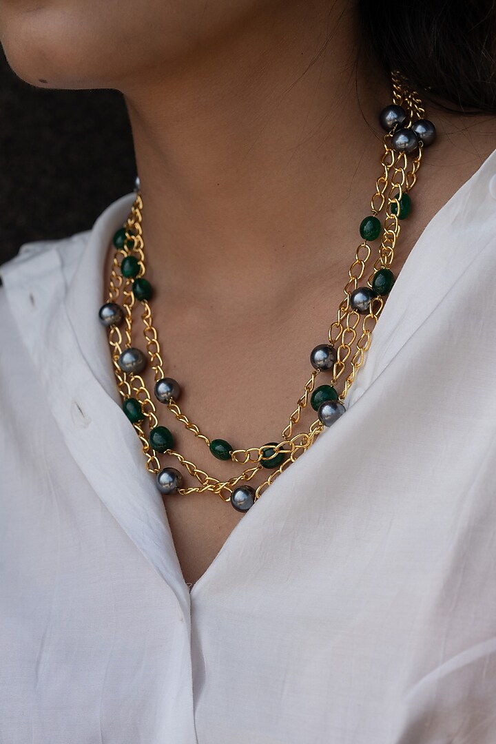 Gold Finish Grey Pearl Necklace by Do Taara at Pernia's Pop Up Shop