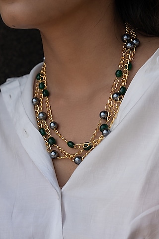 Gold Finish Grey Pearl Necklace by Do Taara