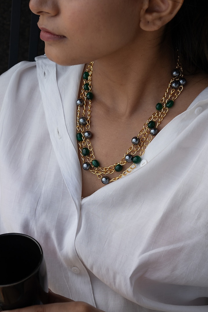 Gold Finish Grey Pearl Necklace by Do Taara at Pernia's Pop Up Shop