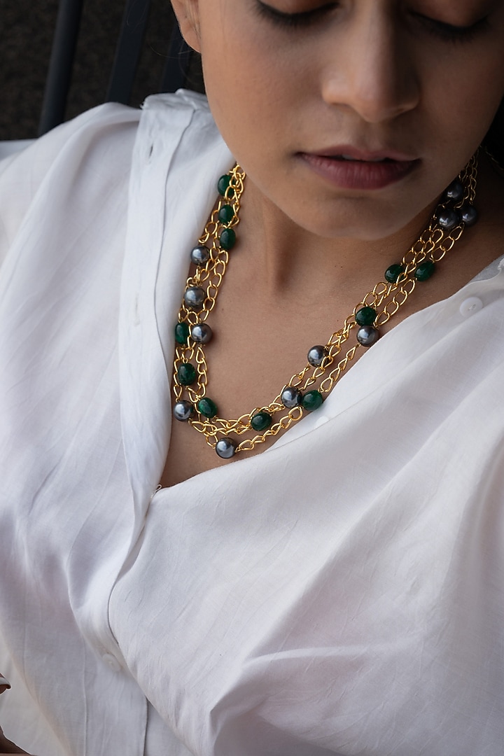 Gold Finish Grey Pearl Necklace by Do Taara at Pernia's Pop Up Shop