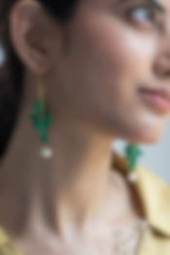 Gold Finish Green Natural Stone & Pearl Dangler Earrings by Do Taara at Pernia's Pop Up Shop