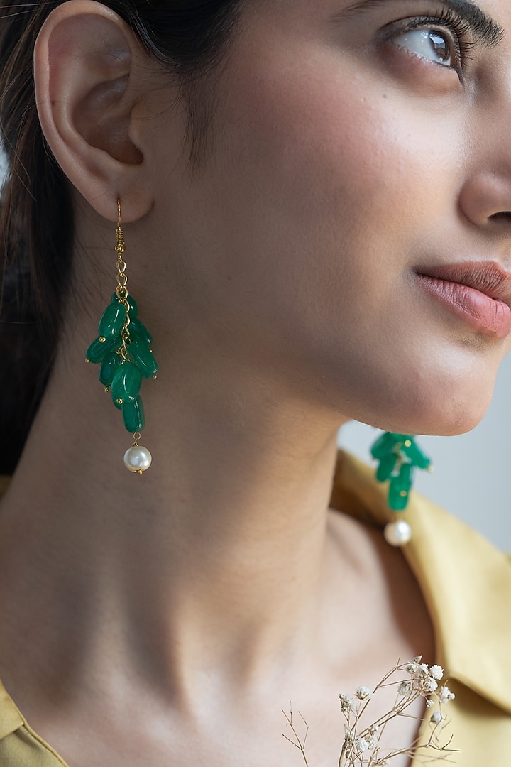 Gold Finish Green Natural Stone & Pearl Dangler Earrings by Do Taara at Pernia's Pop Up Shop