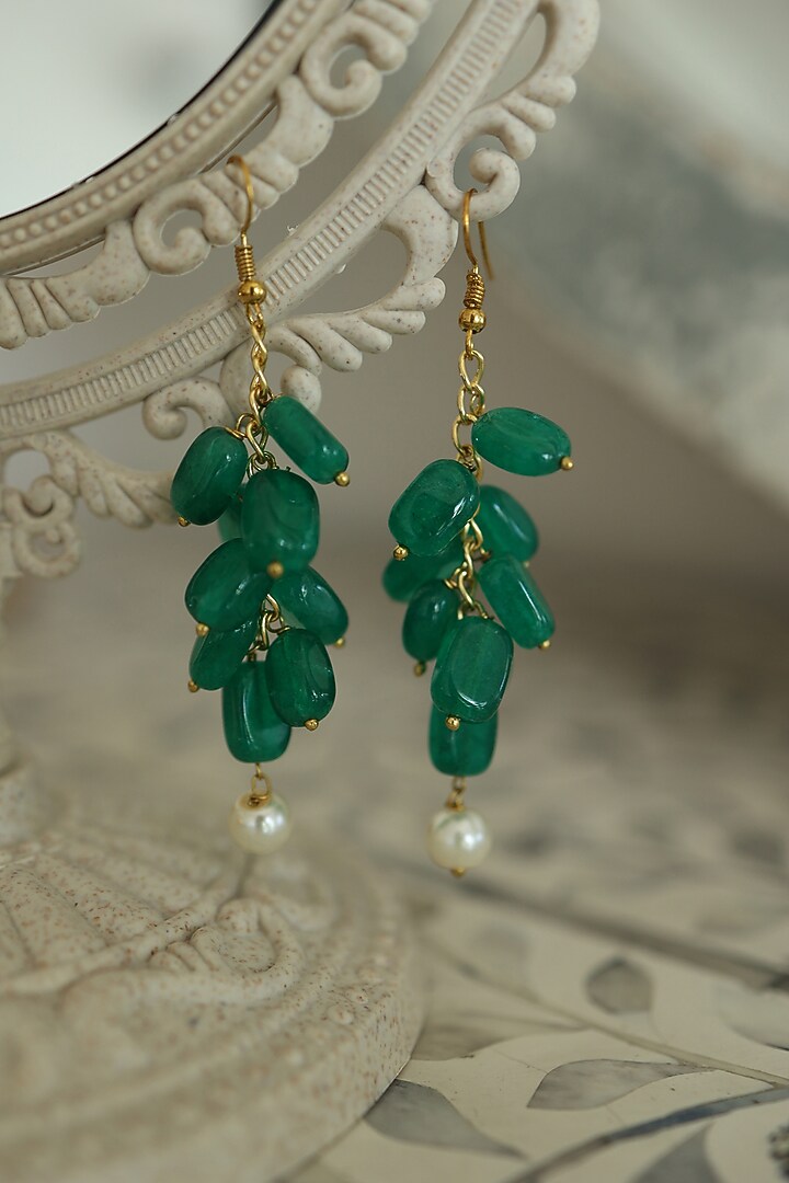 Gold Finish Green Natural Stone & Pearl Dangler Earrings by Do Taara at Pernia's Pop Up Shop