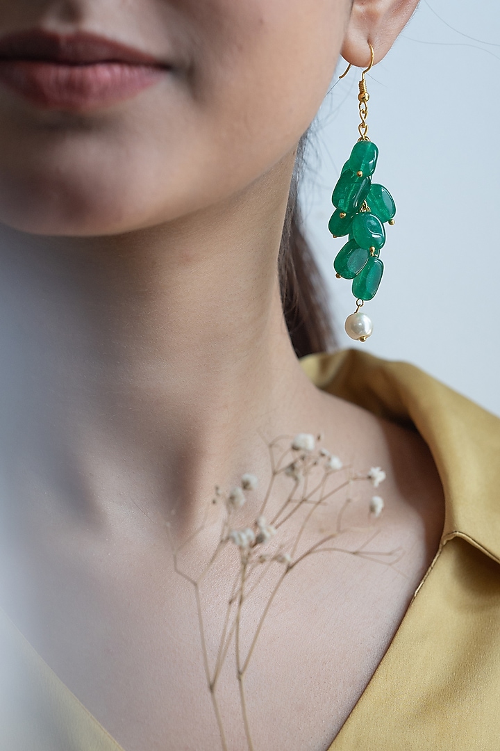 Gold Finish Green Natural Stone & Pearl Dangler Earrings by Do Taara at Pernia's Pop Up Shop