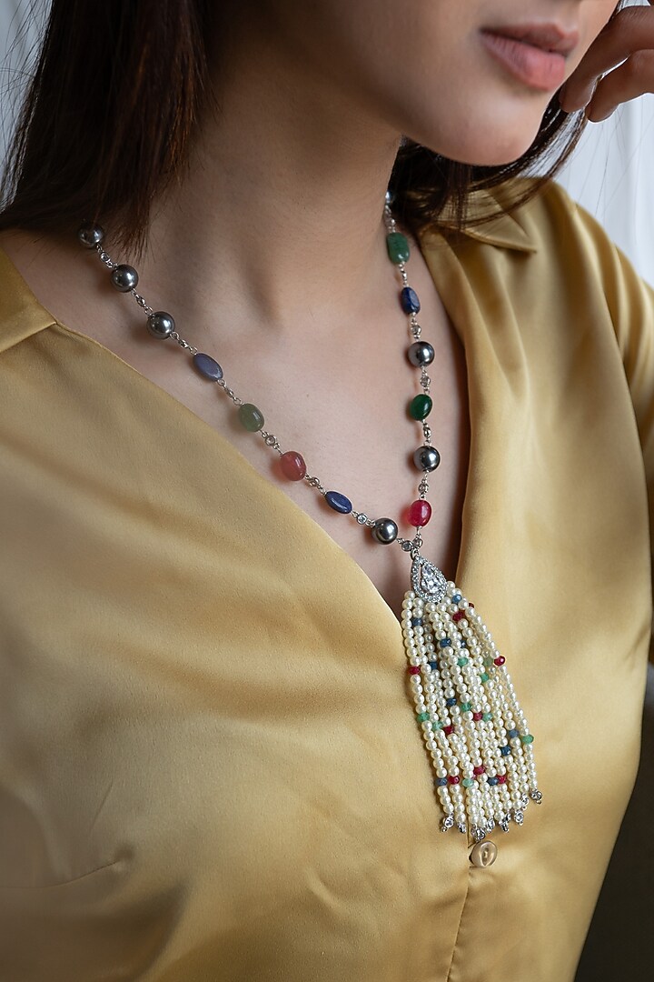 Gold Finish Pearl & Multi-Colored Natural Stone Necklace by Do Taara at Pernia's Pop Up Shop