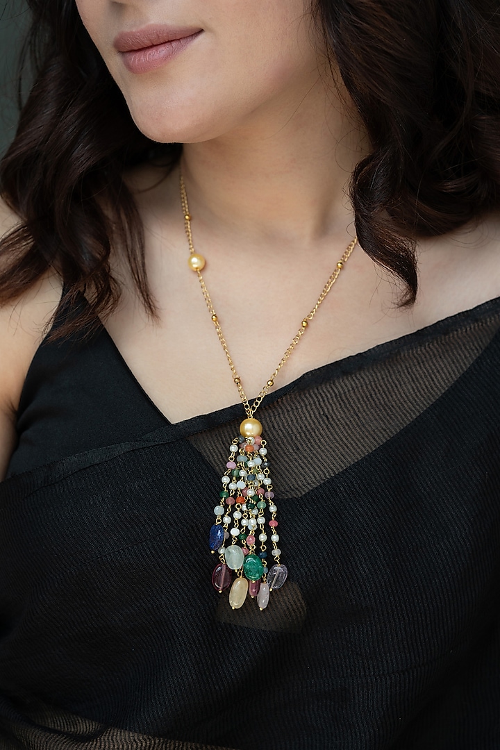 Gold Finish Multi-Colored Onyx & Natural Stone Necklace by Do Taara at Pernia's Pop Up Shop