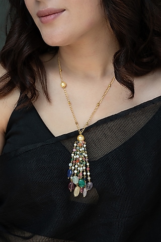 Gold Finish Multi-Colored Onyx & Natural Stone Necklace by Do Taara