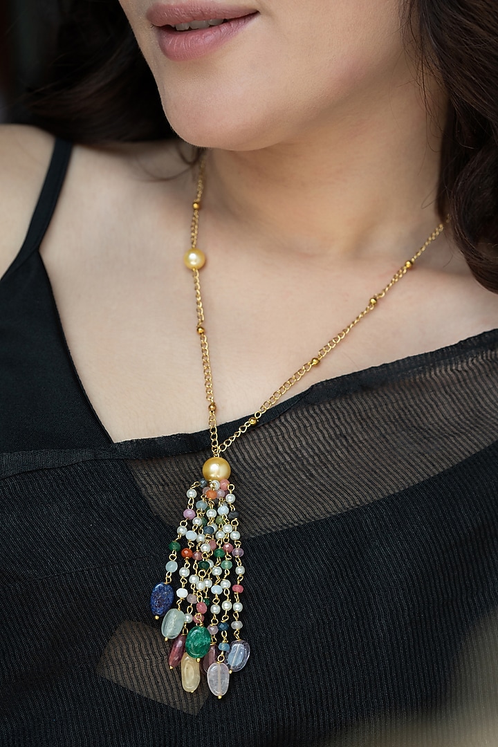 Gold Finish Multi-Colored Onyx & Natural Stone Necklace by Do Taara at Pernia's Pop Up Shop