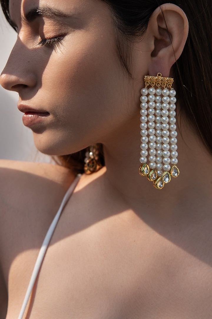 Gold Finish Pearl & Kundan Polki Dangler Earrings by Do Taara at Pernia's Pop Up Shop