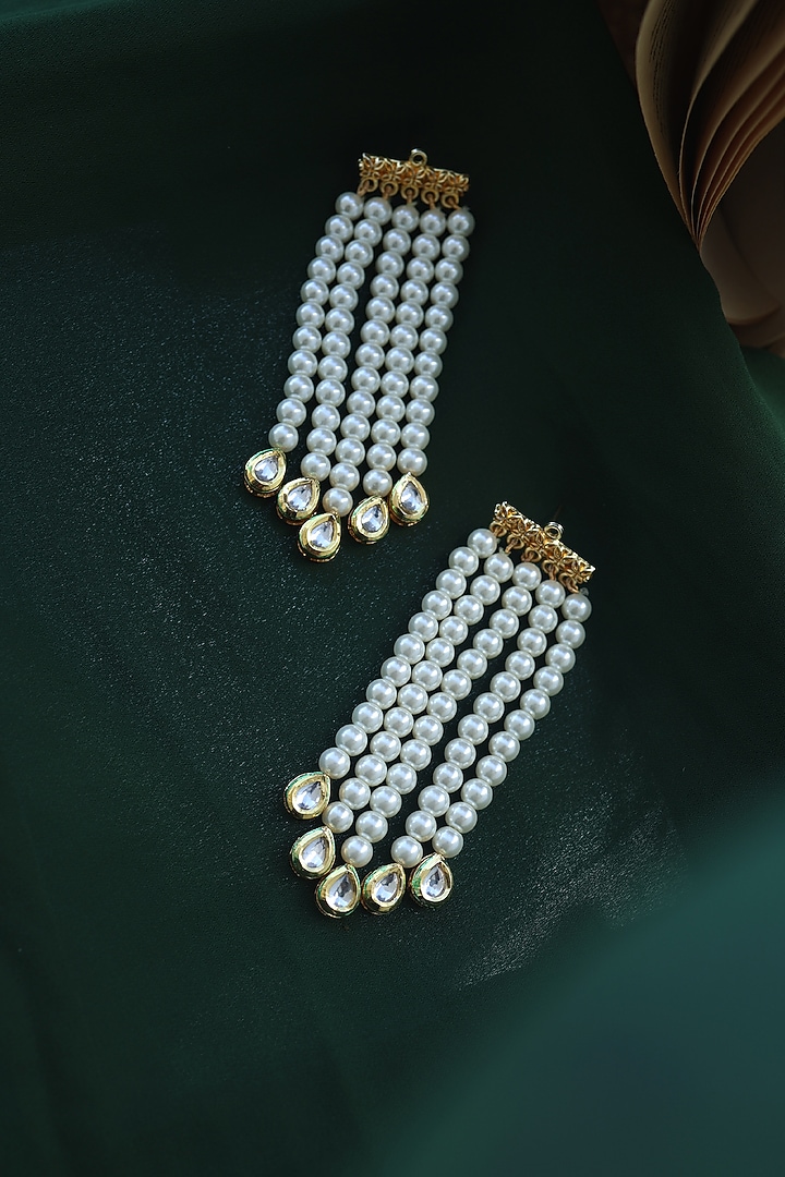 Gold Finish Pearl & Kundan Polki Dangler Earrings by Do Taara at Pernia's Pop Up Shop