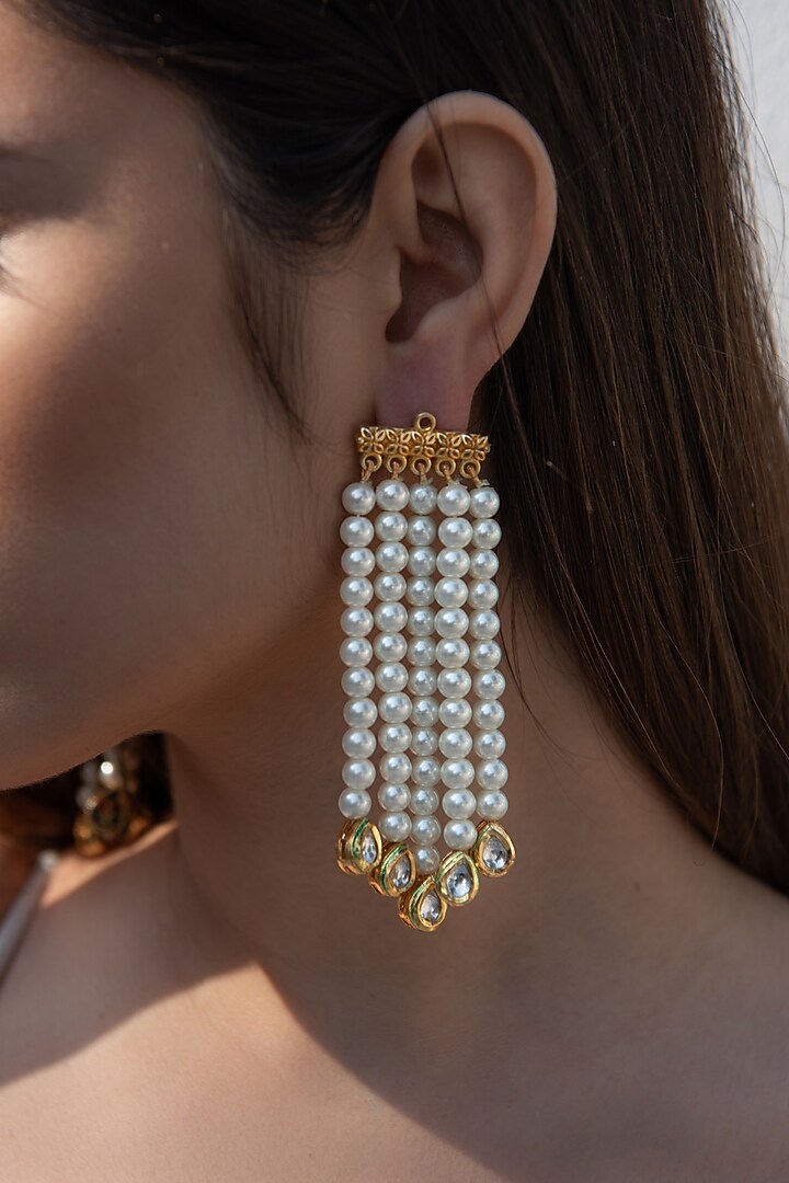 Gold Finish Pearl & Kundan Polki Dangler Earrings by Do Taara at Pernia's Pop Up Shop