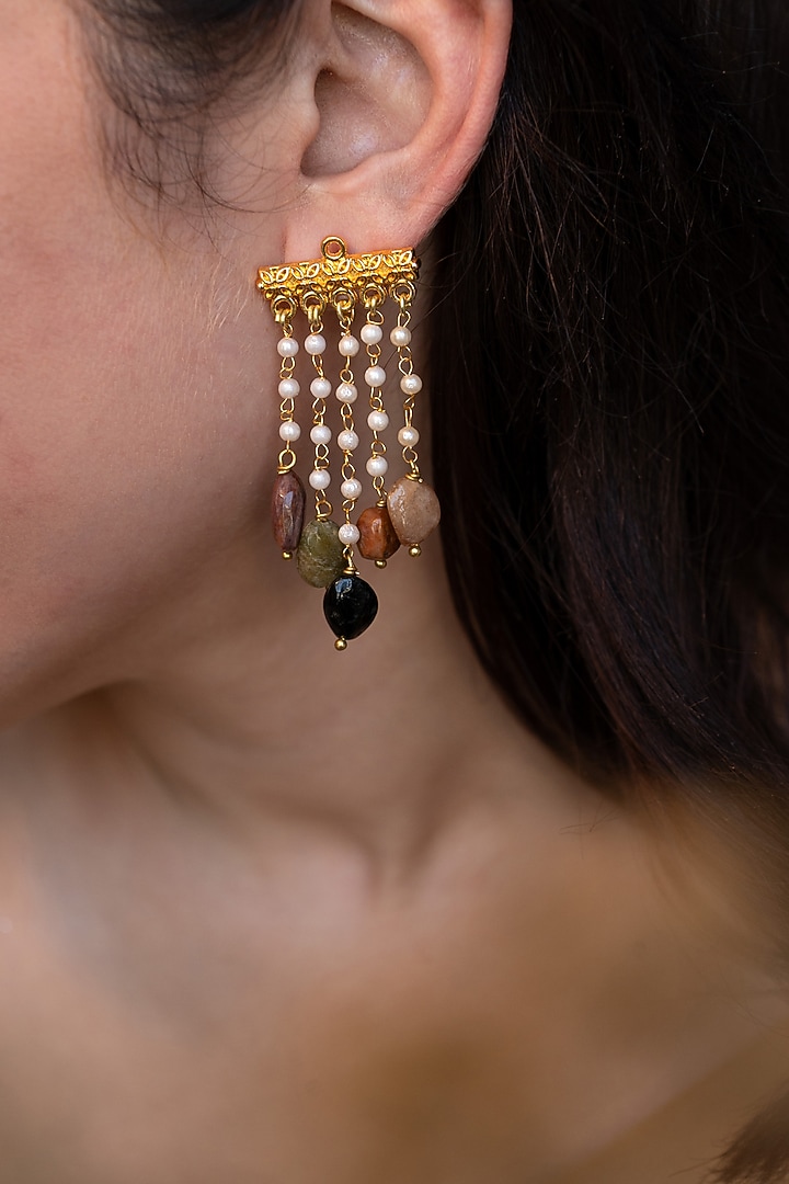 Gold Finish Pearl & Natural Stone Dangler Earrings by Do Taara at Pernia's Pop Up Shop